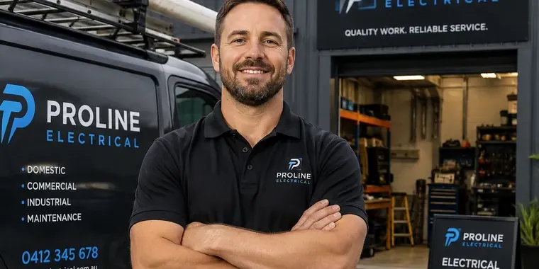 A business owner outside their workshop beside a branded service van